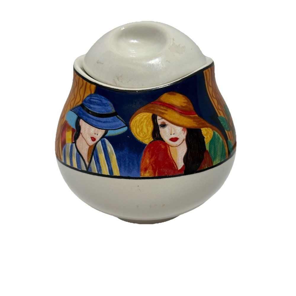 Furio Café Sugar Bowl w Lid Colorful Women Hats Ceramic Covered Jar